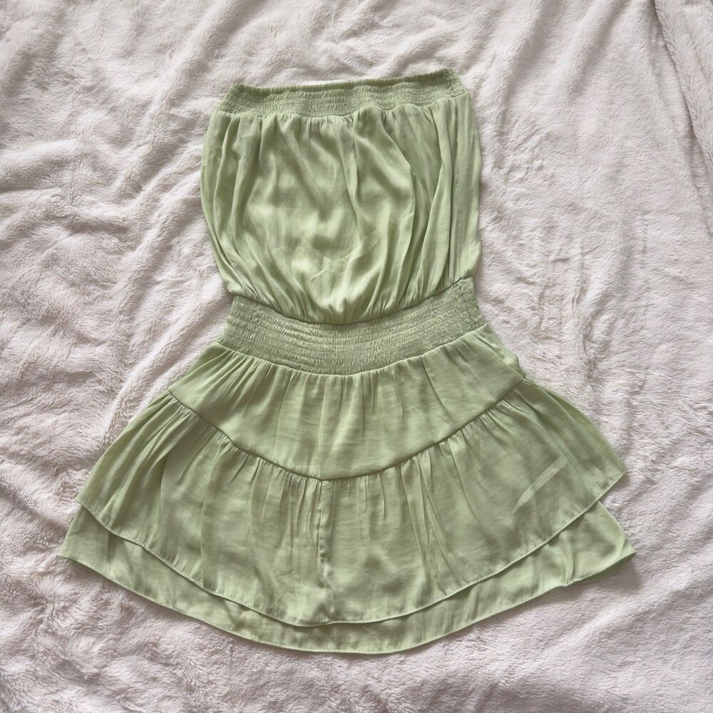 Mustard Seed Sage green strapless smoked ruffle mini dress